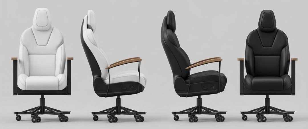 AutoStuhl No. 01 in white and black, shown across four angles